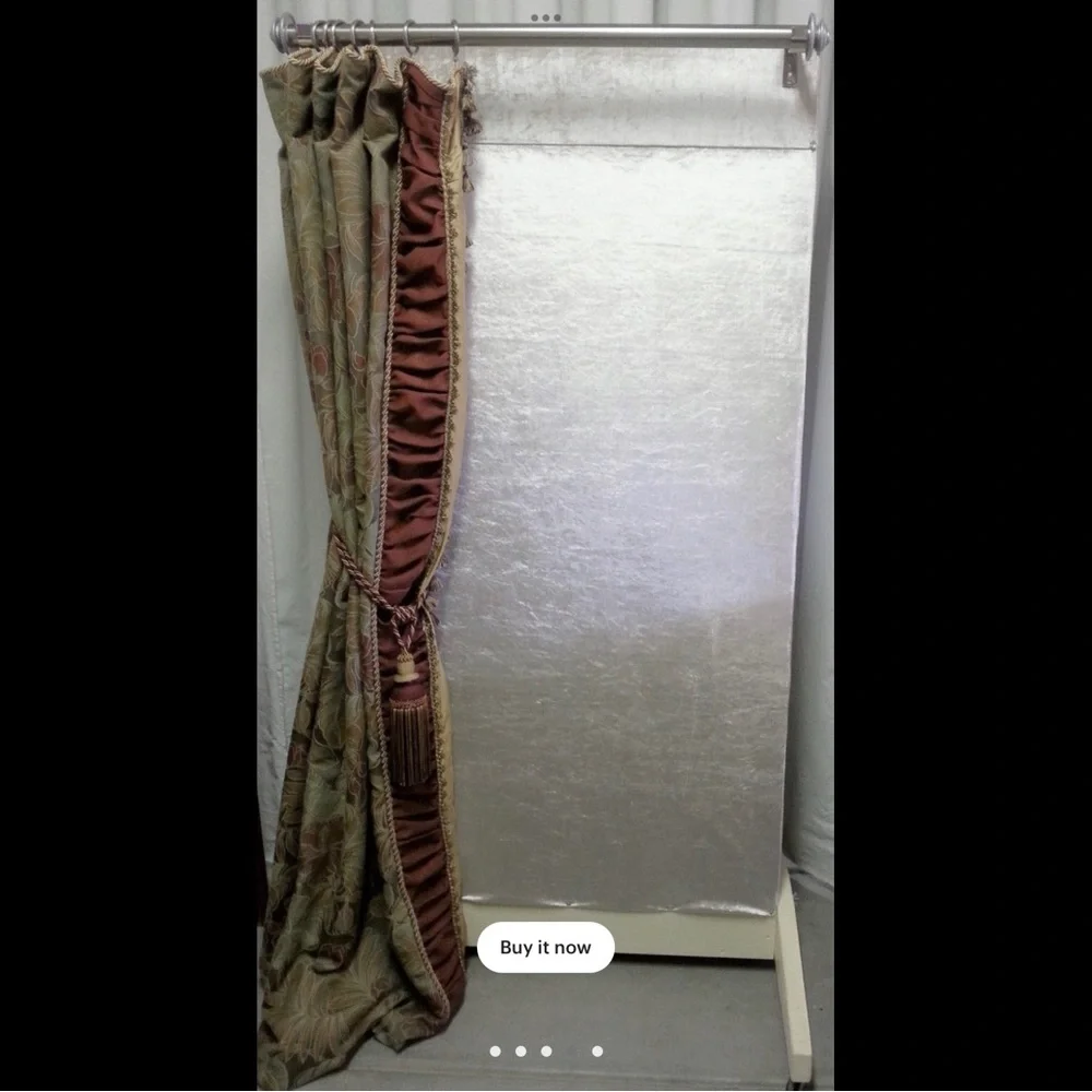 Curtain panel with red and gold silk fabric at edge with trims. Custom made. New